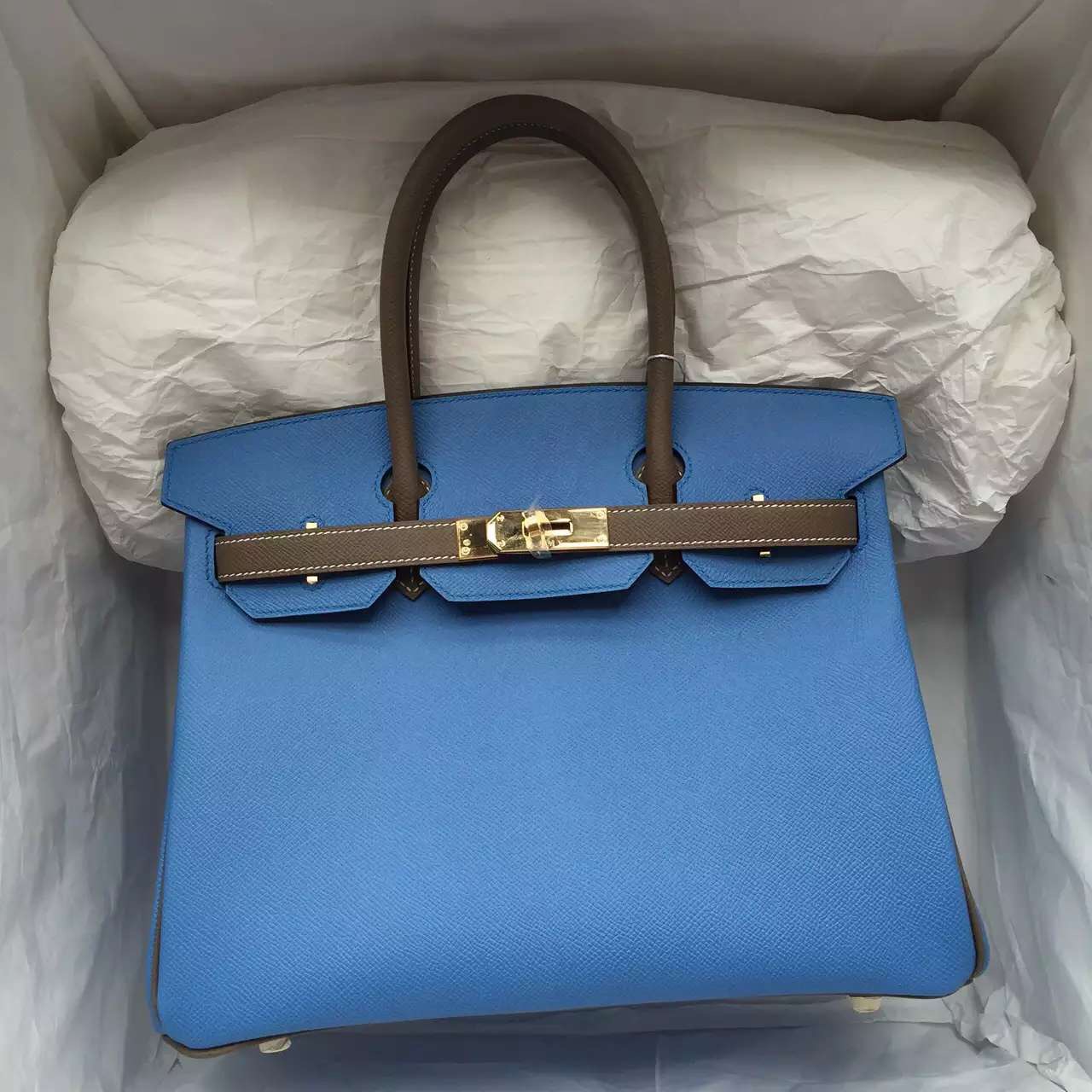 Cheap Hermes 2T Blue Paradise &#038; Etoupe Grey Epsom Leather Birkin Bag 30CM