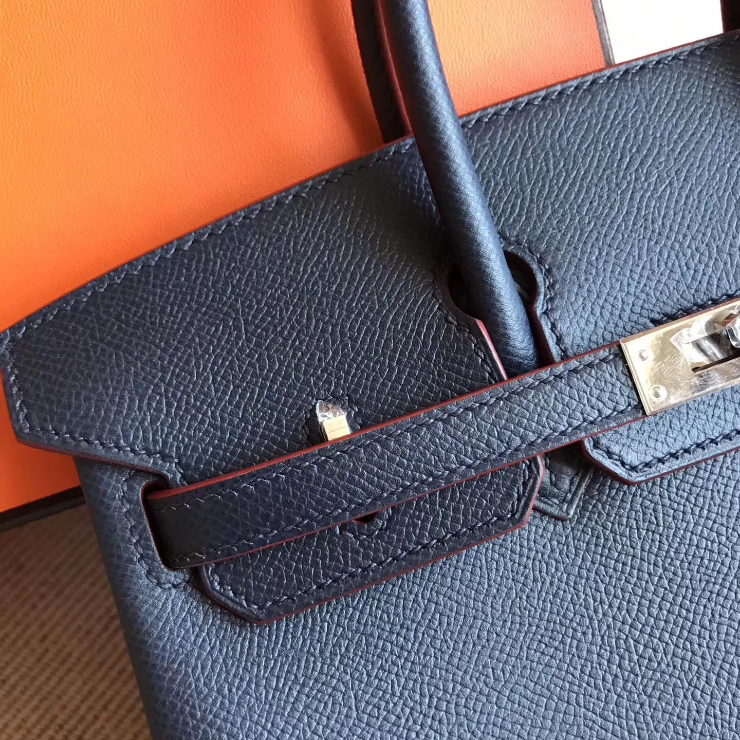 Elegant Hermes Dark Blue Epsom Leather Red Rim Birkin25 Tote Bag Silver Hardware