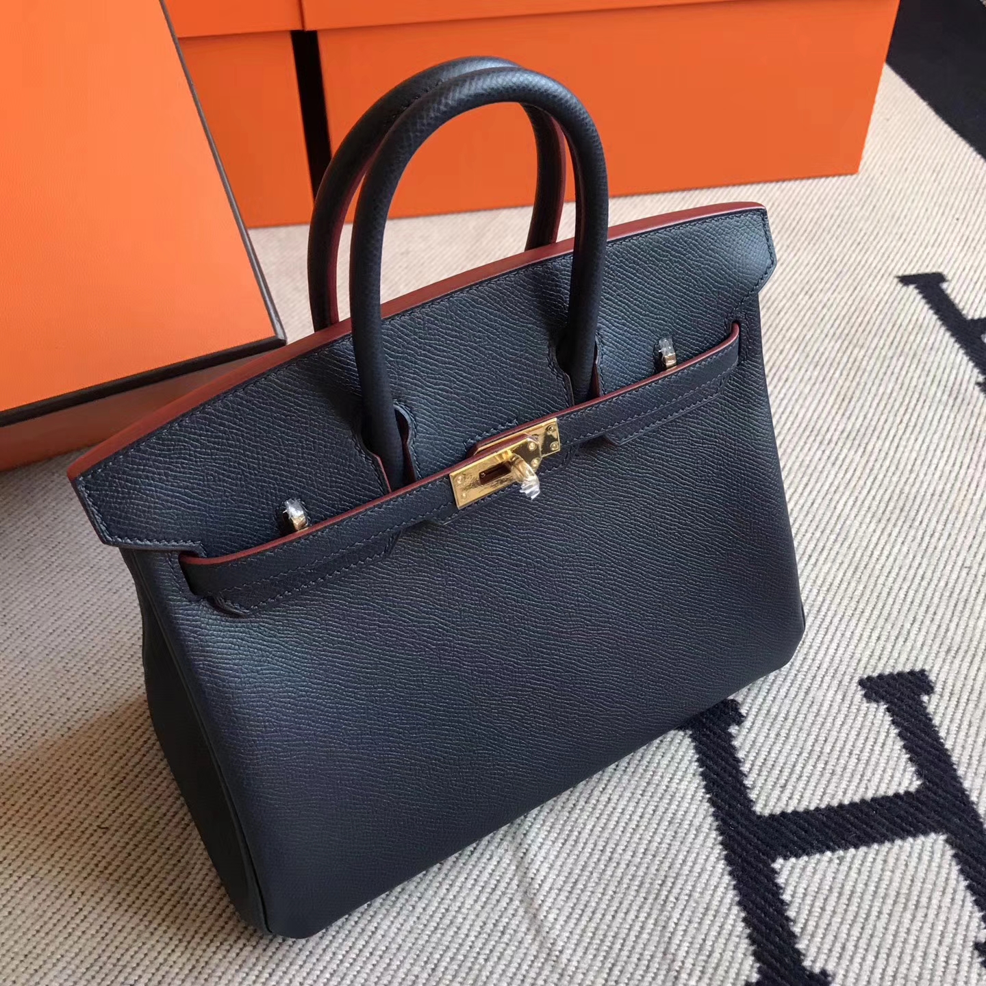 New Hermes Birkin25cm Handbag in Dark Blue Epsom Leather Red Rim