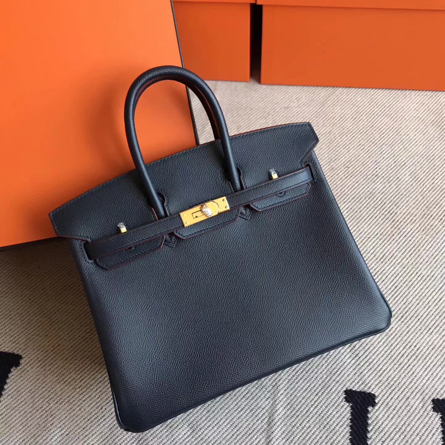 New Hermes Birkin25cm Handbag in Dark Blue Epsom Leather Red Rim