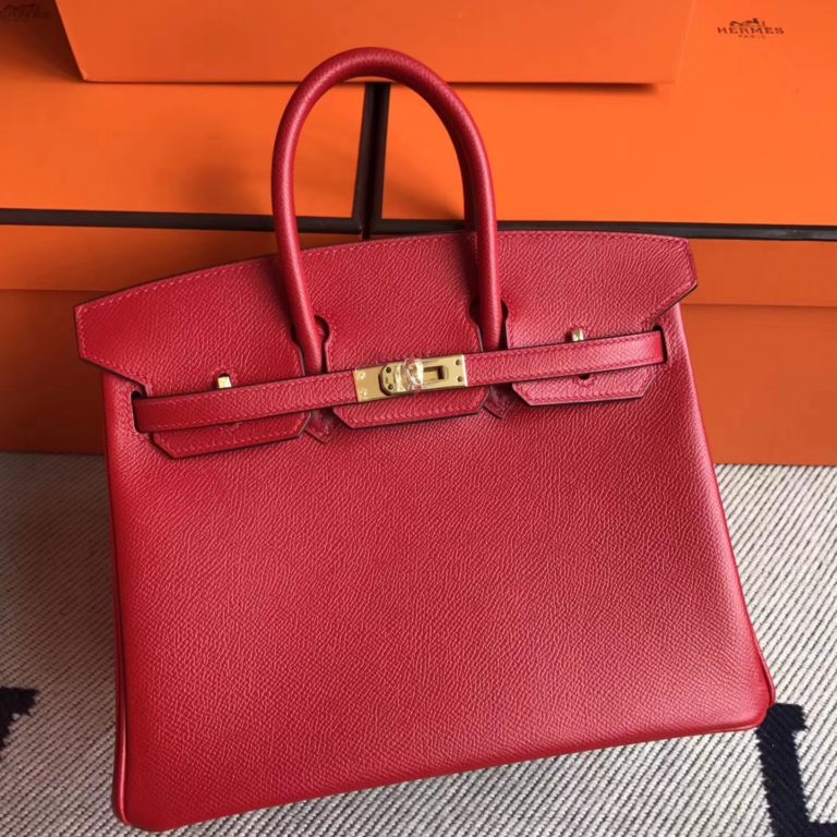 On Hermes Birkin 25cm Bag Q5 Rouge Casaque Epsom Leather Gold Hardware