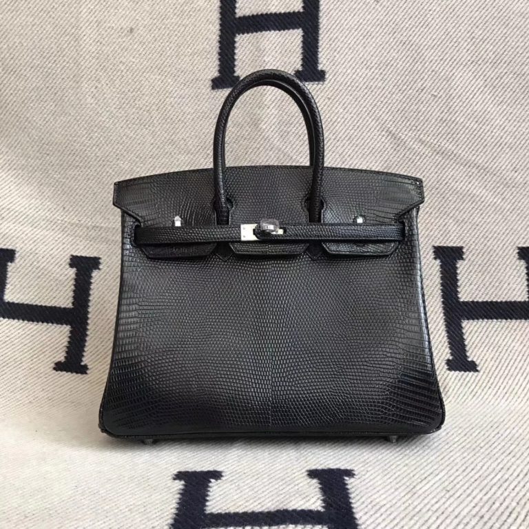 Hermes CK89 Black Lizard Skin Birkin Tote Bag 25cm Silver Hardware