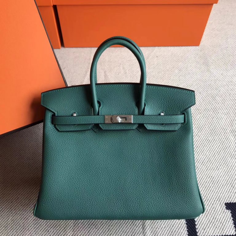 Hermes Togo Leather Birkin 25cm in Z6 Malachite Green Silver Hardware