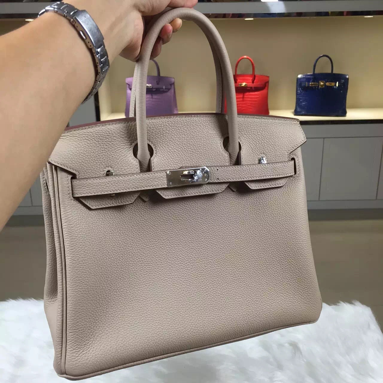 High Quality Hermes 1F Diamond Grey Original Togo Leather Birkin Bag 30CM