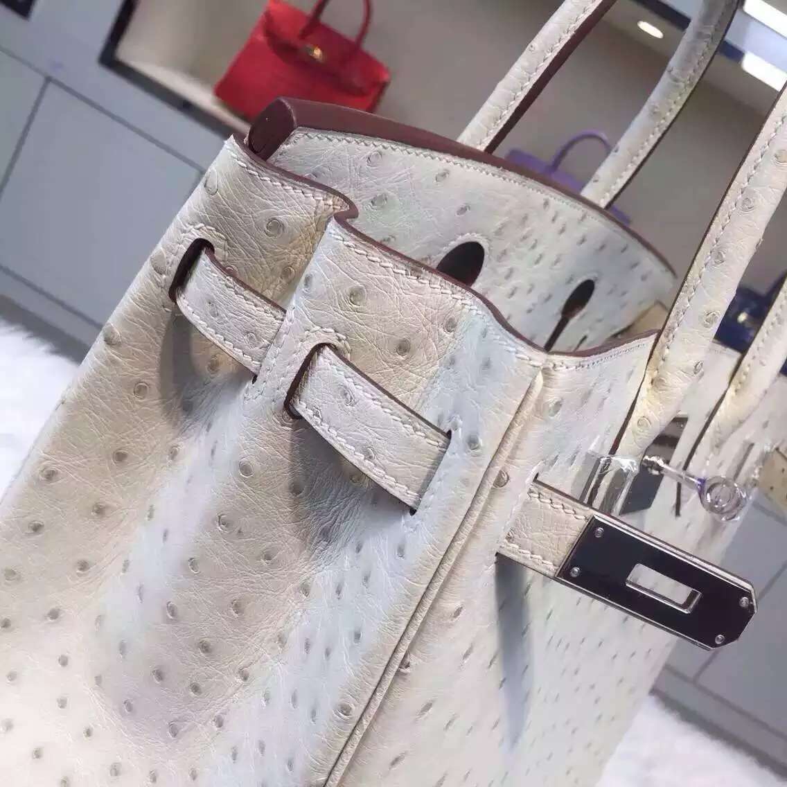 30CM Hermes 3C Wool White Ostrich Leather Birkin Bag Luxury Women&#8217;s Tote Bag