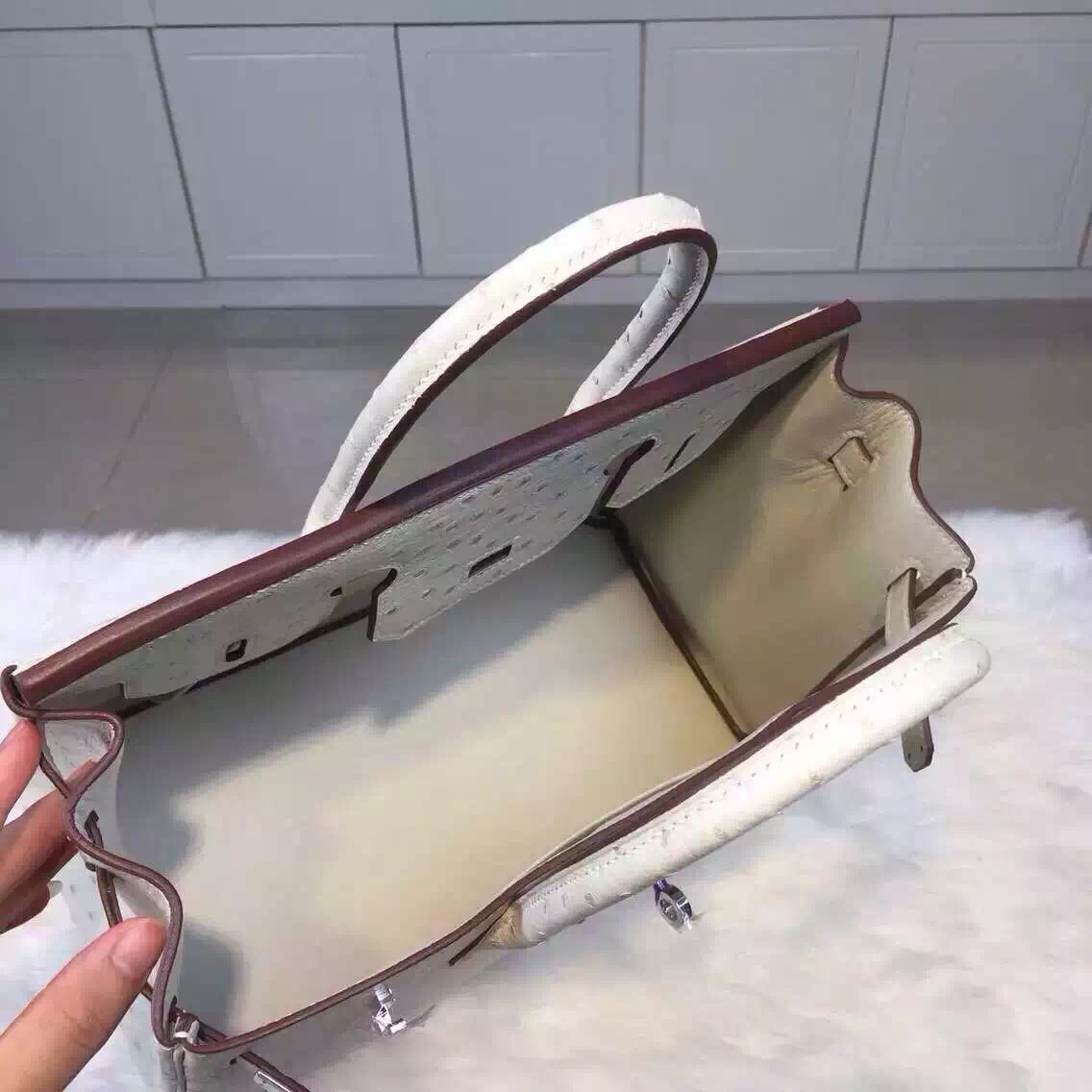 30CM Hermes 3C Wool White Ostrich Leather Birkin Bag Luxury Women&#8217;s Tote Bag