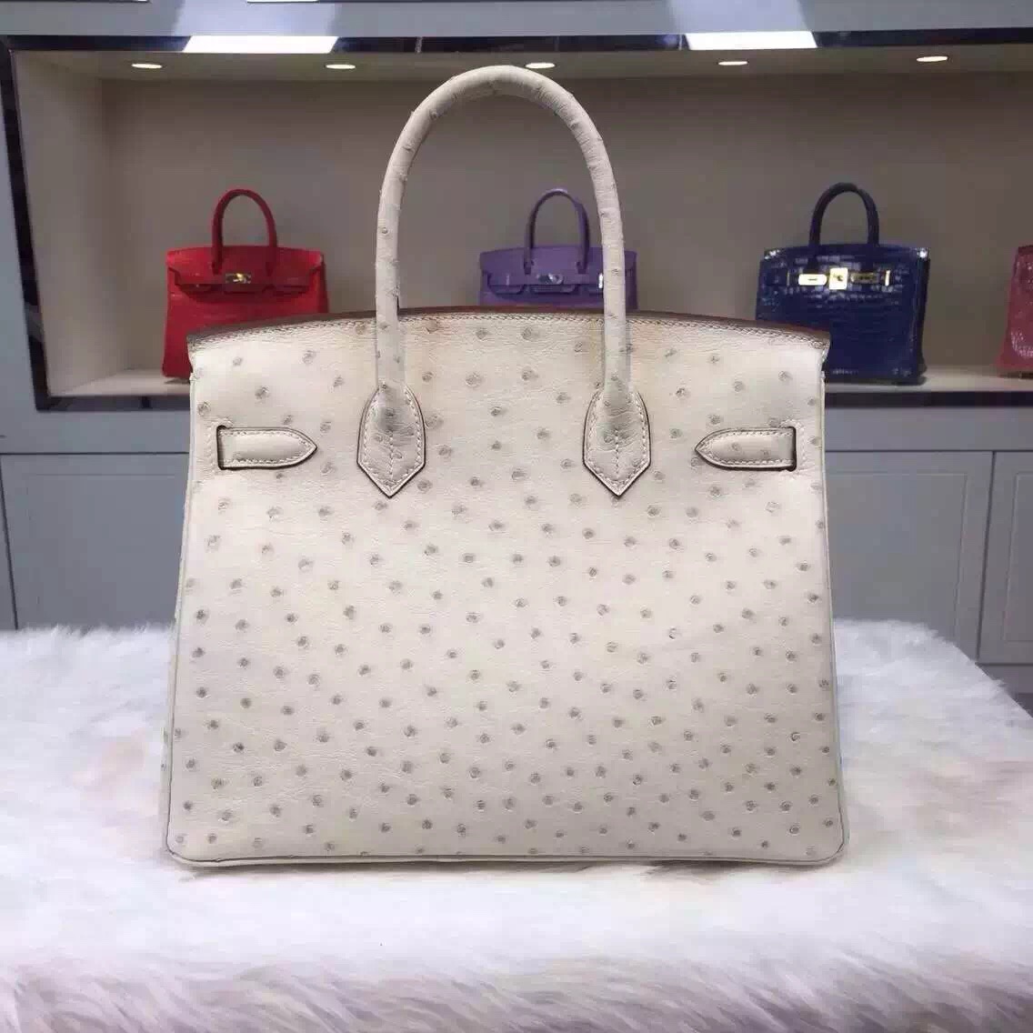 30CM Hermes 3C Wool White Ostrich Leather Birkin Bag Luxury Women&#8217;s Tote Bag