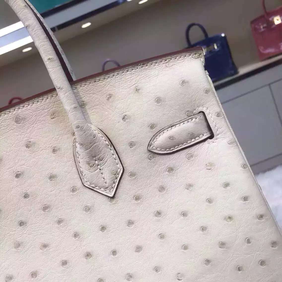 30CM Hermes 3C Wool White Ostrich Leather Birkin Bag Luxury Women&#8217;s Tote Bag