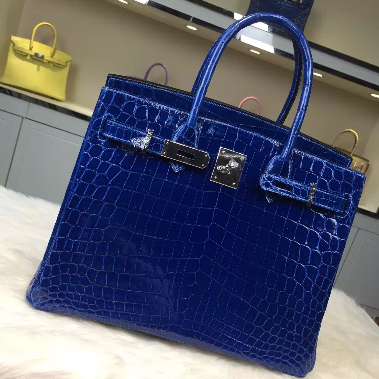 Hand Stitching Hermes Birkin Bag 7Q Mykono Blue Crocodile Leather Ladies&#8217; Tote Bag 30cm