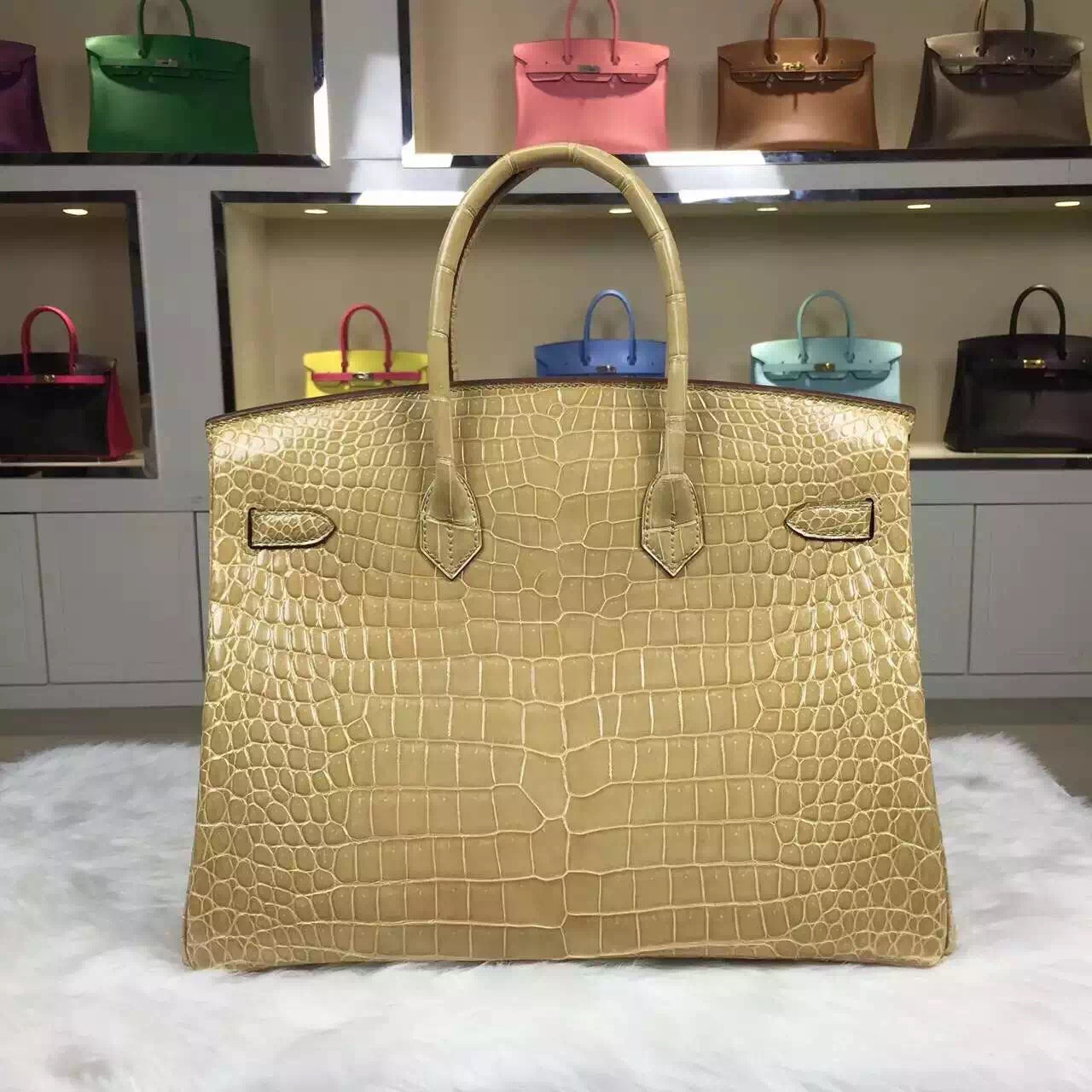 Hand Stitching Hermes Beige HCP Crocodile Shiny Leather Birkin Bag 35CM