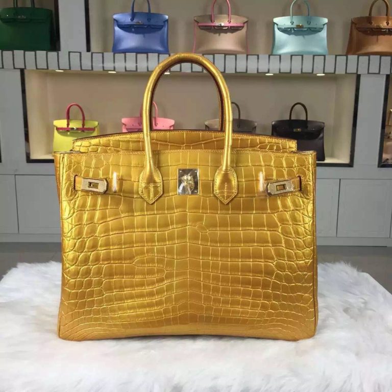 Hermes Birkin Bag 35cm Gold HCP Crocodile Leather Ladies Top Handles