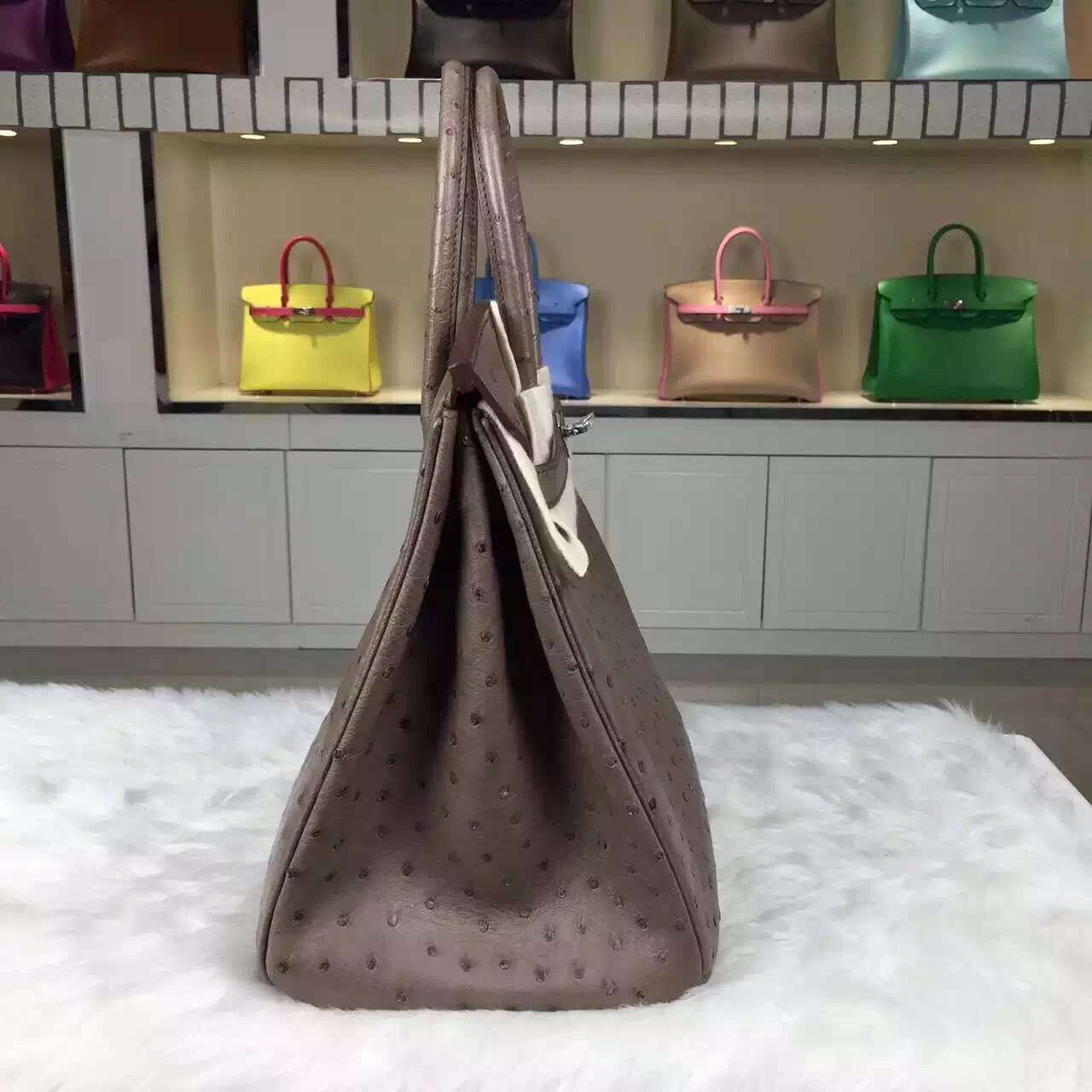 Luxury Women&#8217;s Handbag Hermes Etoupe Grey Original Ostrich Leather Birkin Bag35cm