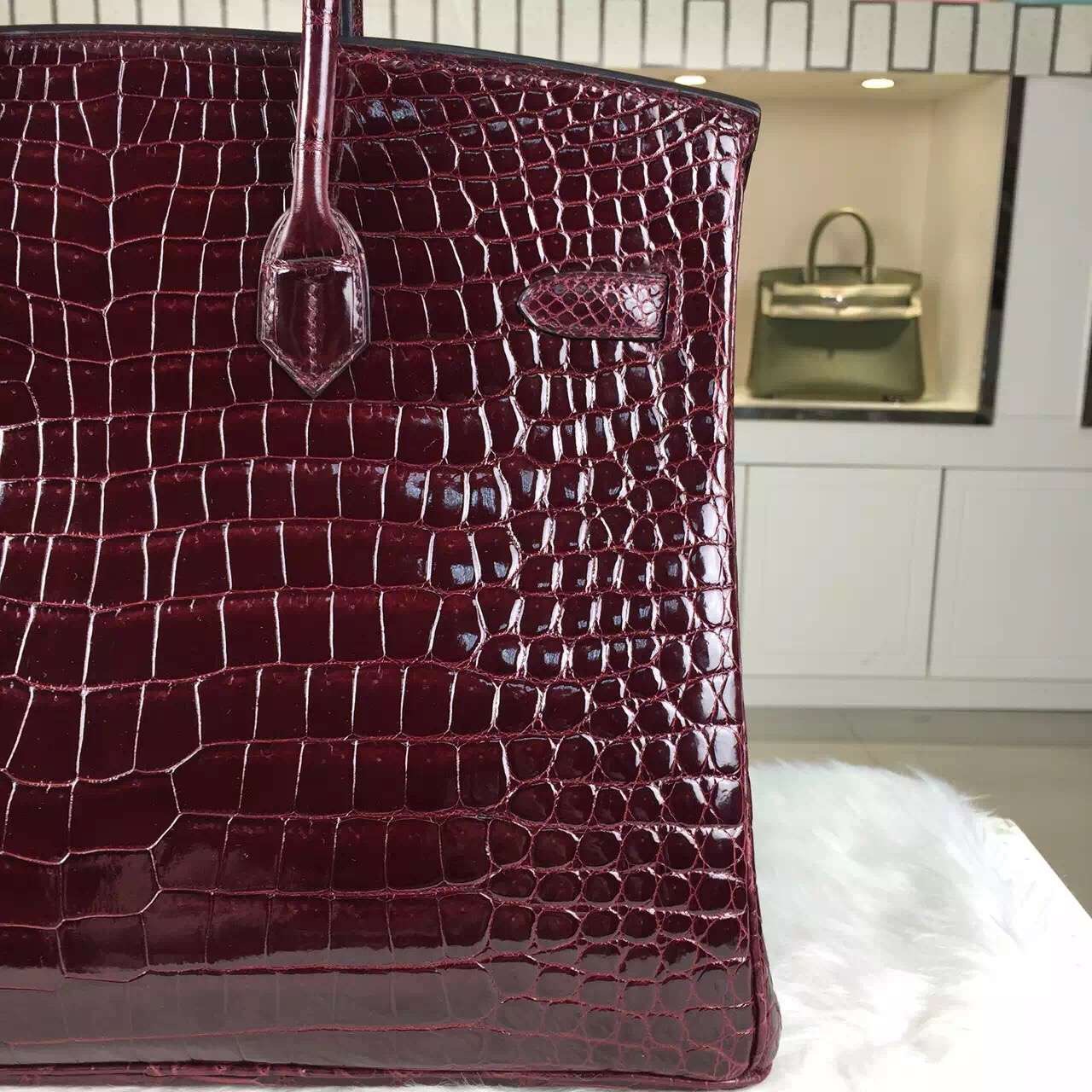 Online Shopping Hermes Birkin Bag35CM Crocodile Shiny Leather CK57 Bordeaux Red
