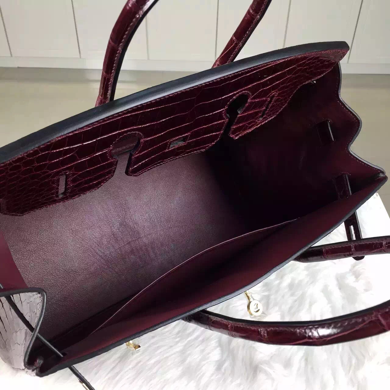 Online Shopping Hermes Birkin Bag35CM Crocodile Shiny Leather CK57 Bordeaux Red