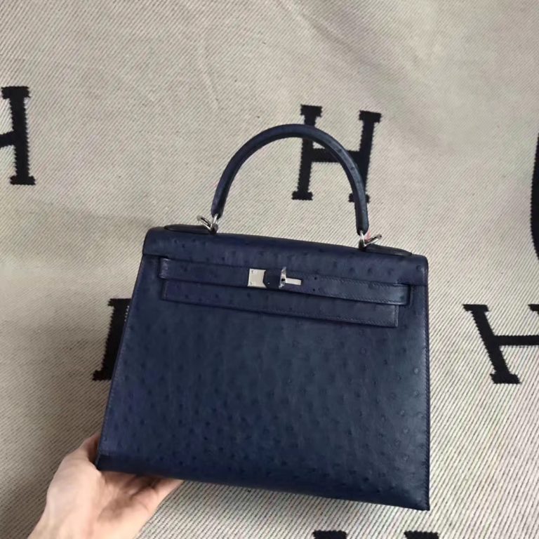 On Hermes 7K Dark Blue Ostrich Leather Kelly Bag 25CM Silver Hardware