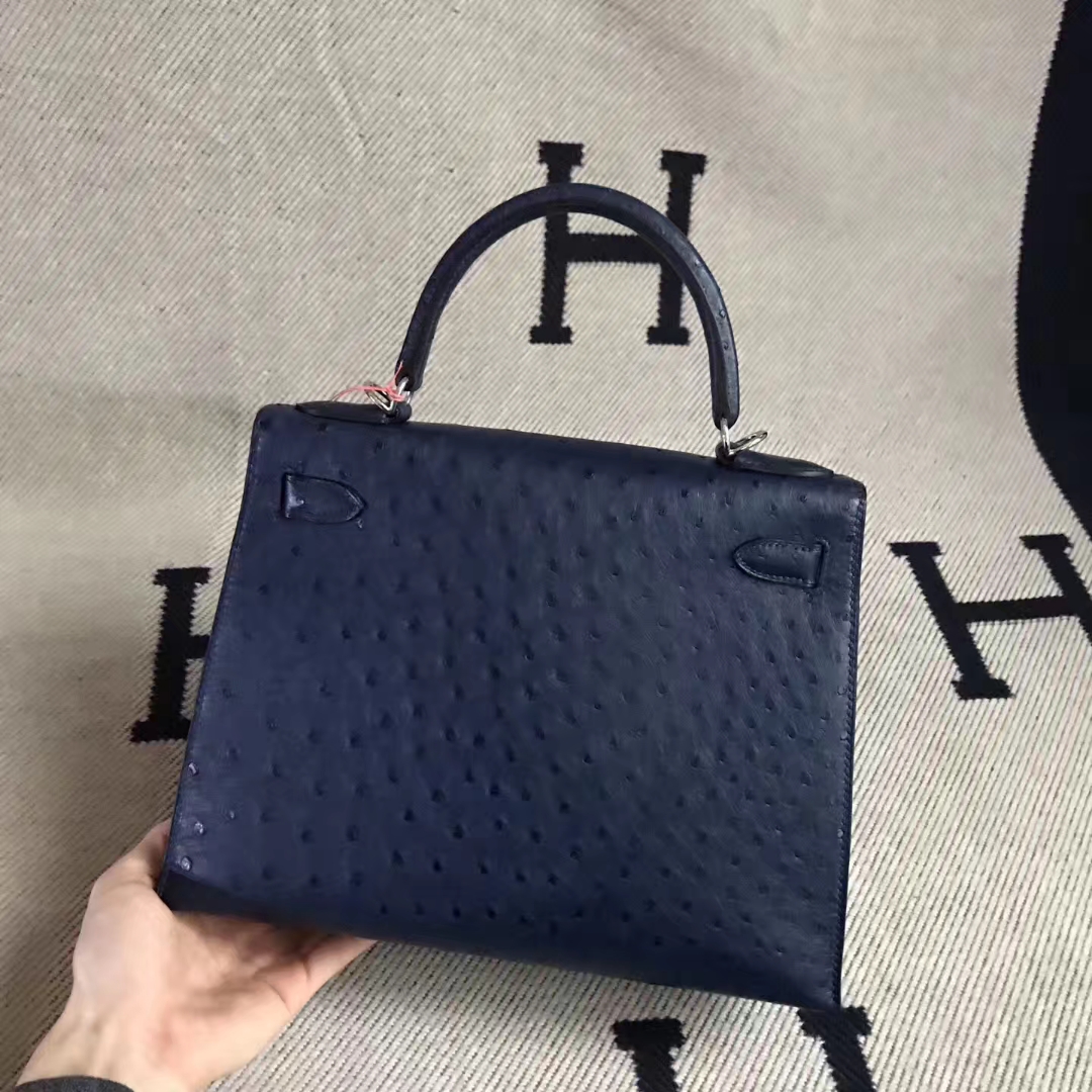 On Sale Hermes 7K Dark Blue Ostrich Leather Kelly Bag25CM Silver Hardware