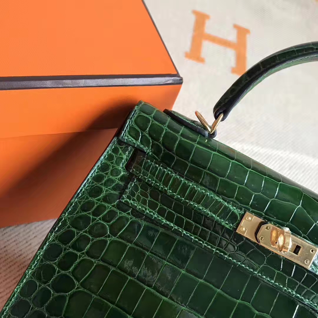 Luxury Hermes CK67 Vert Fonce Crocodile Shiny Kelly Bag25CM Gold Hardware