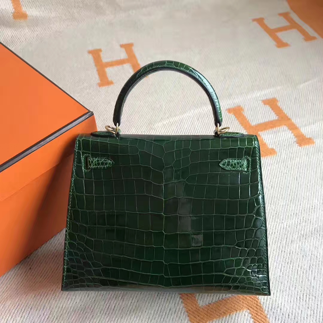 Luxury Hermes CK67 Vert Fonce Crocodile Shiny Kelly Bag25CM Gold Hardware