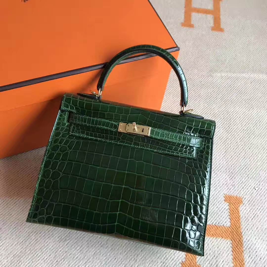 Luxury Hermes CK67 Vert Fonce Crocodile Shiny Kelly Bag25CM Gold Hardware