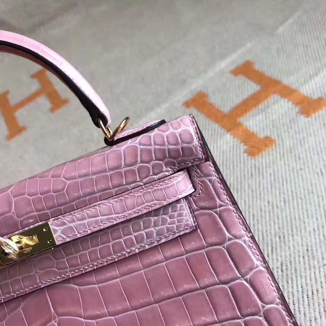 Fashion Hermes 5Z Rose Indienne Crocodile Shiny Kelly Tote Bag25CM