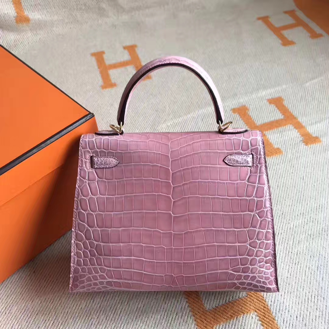 Fashion Hermes 5Z Rose Indienne Crocodile Shiny Kelly Tote Bag25CM