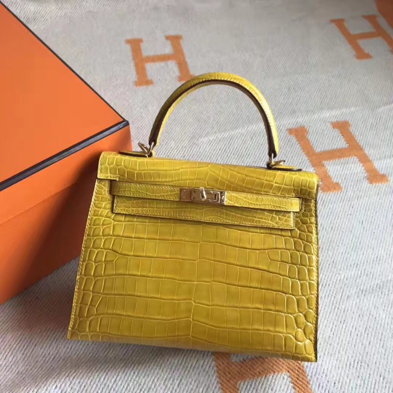 Hermes Crocodile Shiny Leather Kelly Bag in 9R Lemon Yellow Gold Hardware