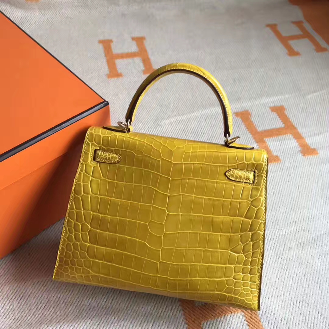 Sale Hermes Crocodile Shiny Leather Kelly Bag in 9R Lemon Yellow Gold Hardware