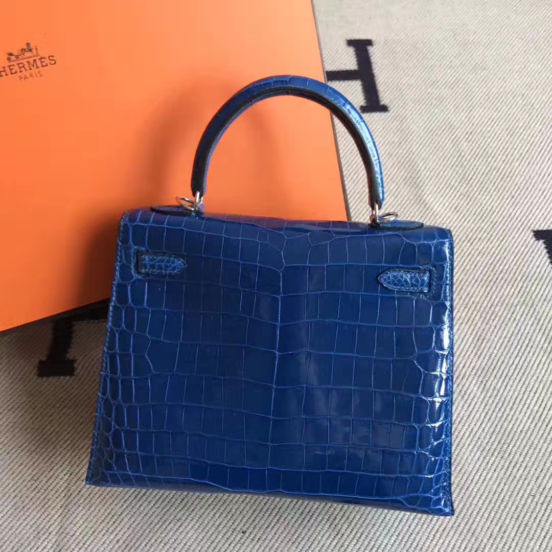 Luxury Hermes 7Q Mykonos Crocodile Shiny Leather Kelly25CM Bag Silver Hardware