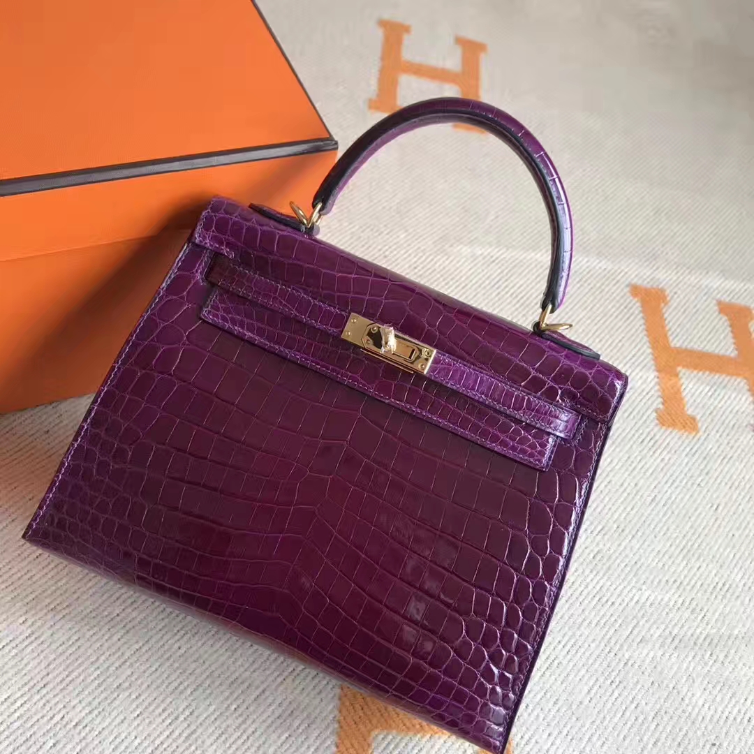Discount Hermes Fuchsia Crocodile Shiny Leather Kelly25CM Bag Gold Hardware