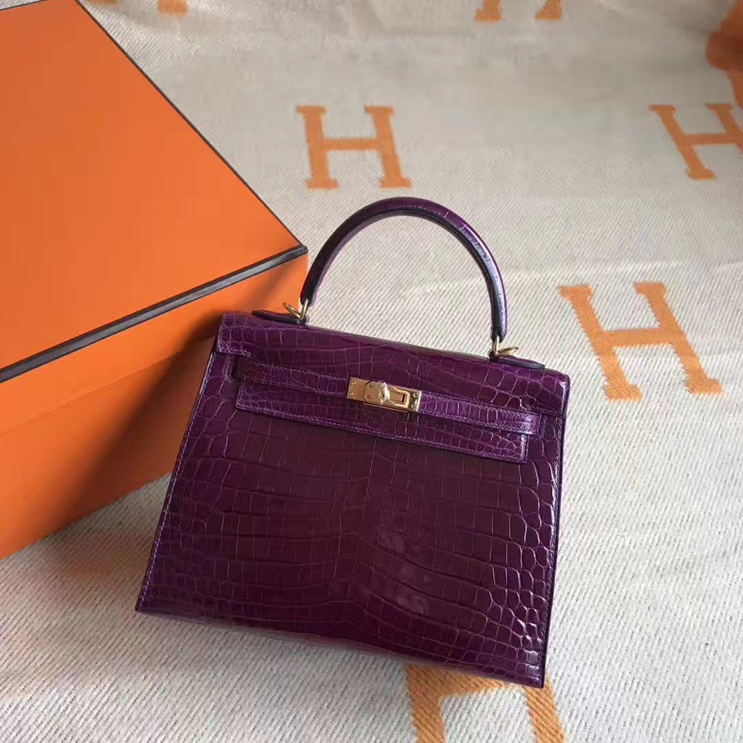 Discount Hermes Fuchsia Crocodile Shiny Leather Kelly25CM Bag Gold Hardware