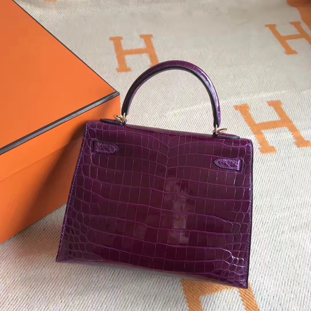 Discount Hermes Fuchsia Crocodile Shiny Leather Kelly25CM Bag Gold Hardware