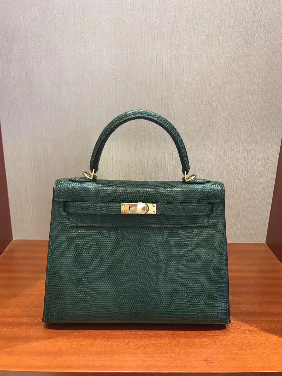 Wholesale Hermes CK67 Vert Fonce Lizard Skin Leather Kelly25CM Bag Gold Hardware