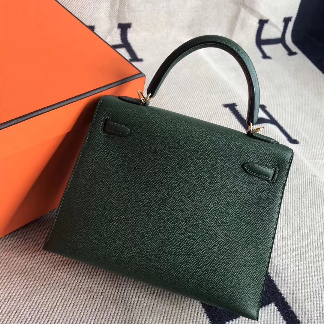 Hand Stitching Hermes 2Q English Green Epsom Calfskin Kelly25cm Bag Gold Hardware