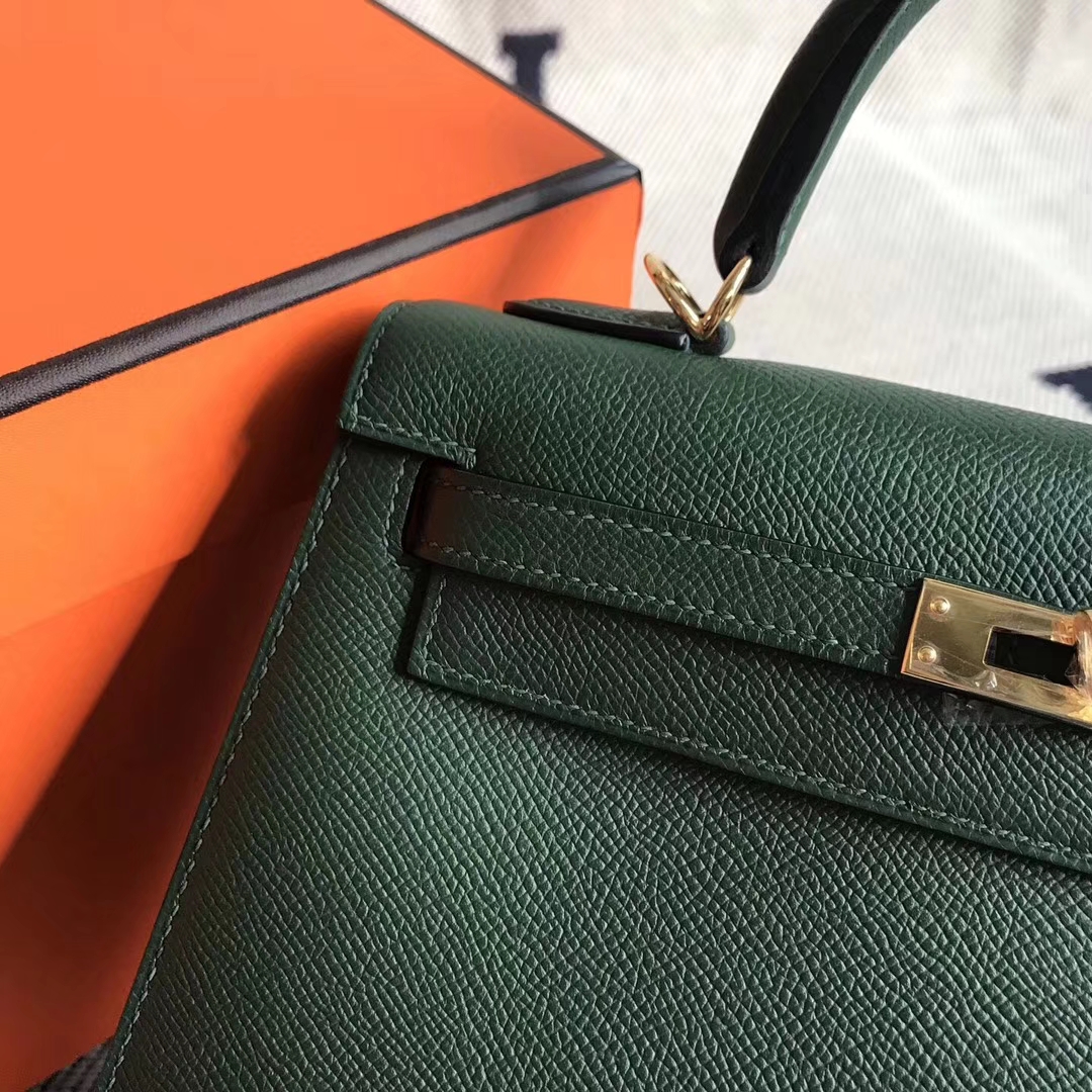 Hand Stitching Hermes 2Q English Green Epsom Calfskin Kelly25cm Bag Gold Hardware