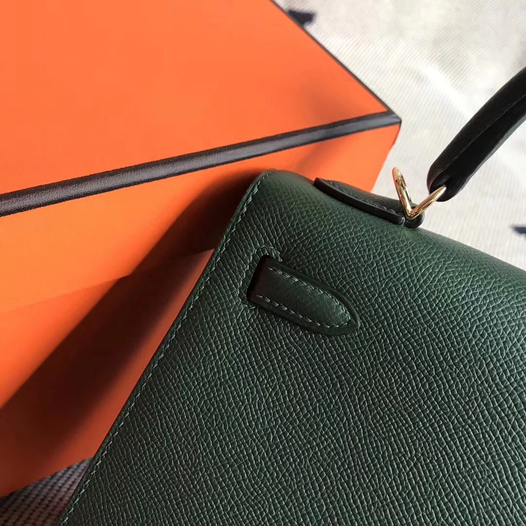 Hand Stitching Hermes 2Q English Green Epsom Calfskin Kelly25cm Bag Gold Hardware