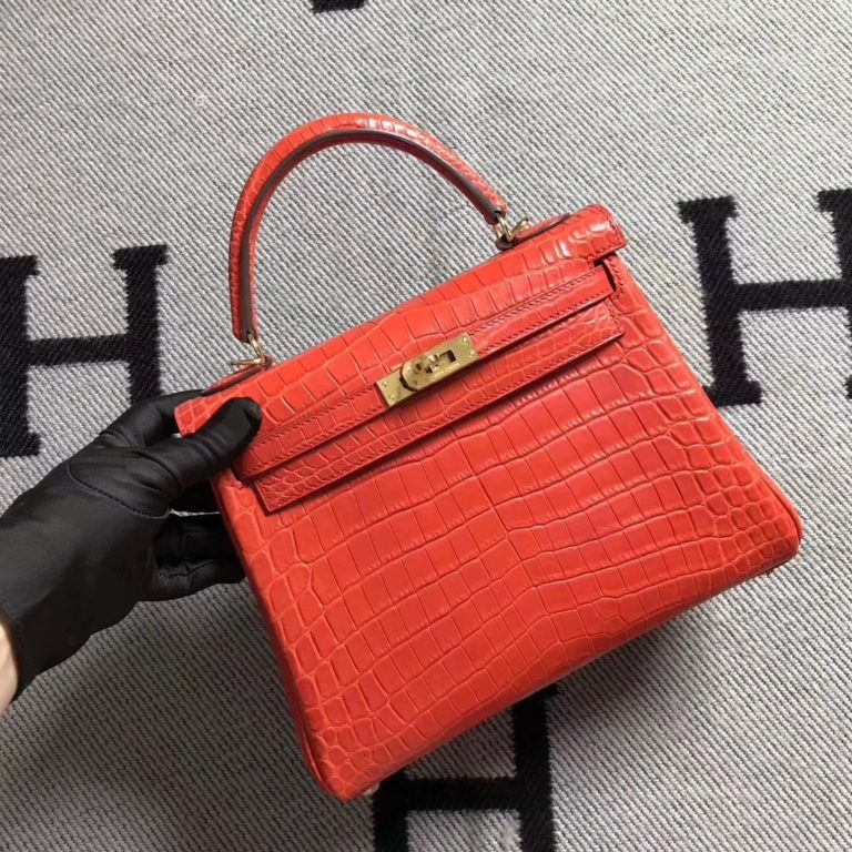 Hermes Braise Red Niloticus Crocodile Leather Kelly 25CM Bag Gold Hardware