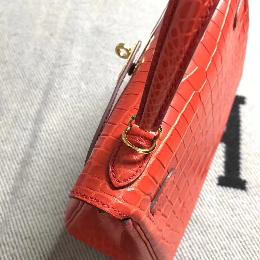 Pretty Hermes Braise Red Niloticus Crocodile Leather Kelly25CM Bag Gold Hardware
