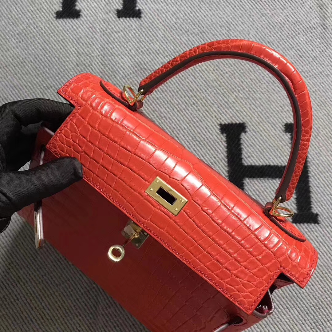 Pretty Hermes Braise Red Niloticus Crocodile Leather Kelly25CM Bag Gold Hardware