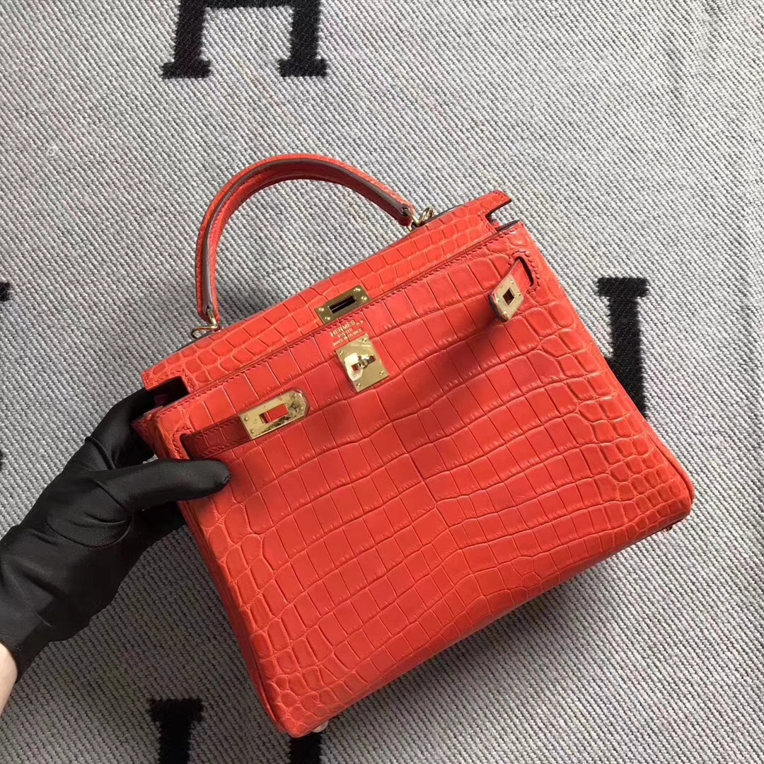 Pretty Hermes Braise Red Niloticus Crocodile Leather Kelly25CM Bag Gold Hardware