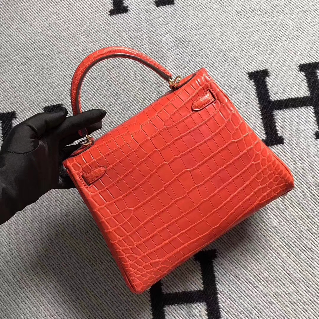 Pretty Hermes Braise Red Niloticus Crocodile Leather Kelly25CM Bag Gold Hardware