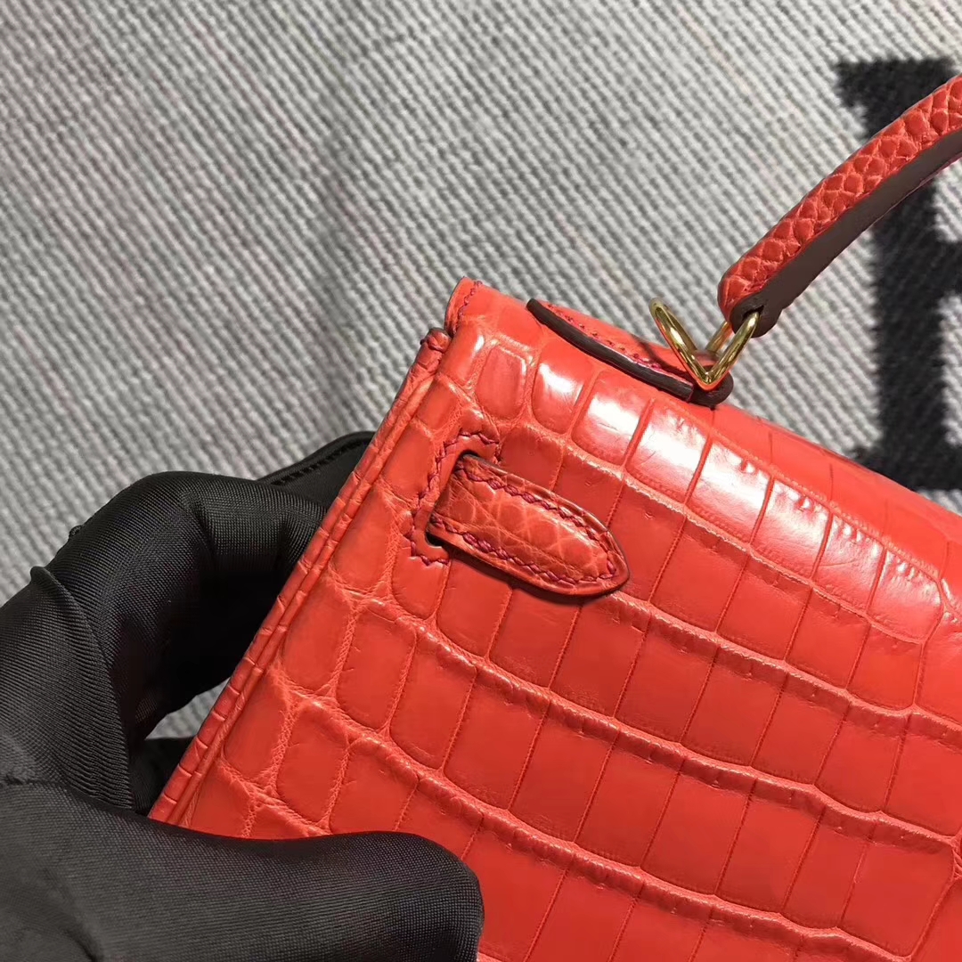 Pretty Hermes Braise Red Niloticus Crocodile Leather Kelly25CM Bag Gold Hardware