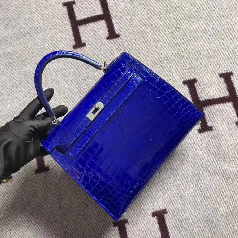 Hermes Blue Electric Shiny Crocodile Leather Kelly Bag 25CM Silver Hardware
