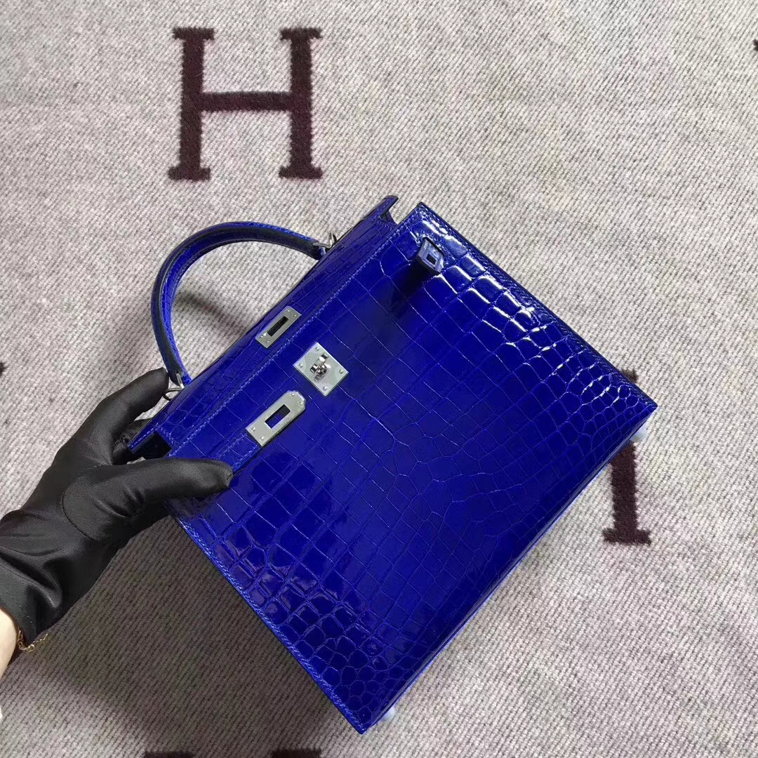 Noble Hermes Blue Electric Shiny Crocodile Leather Kelly Bag25CM Silver Hardware