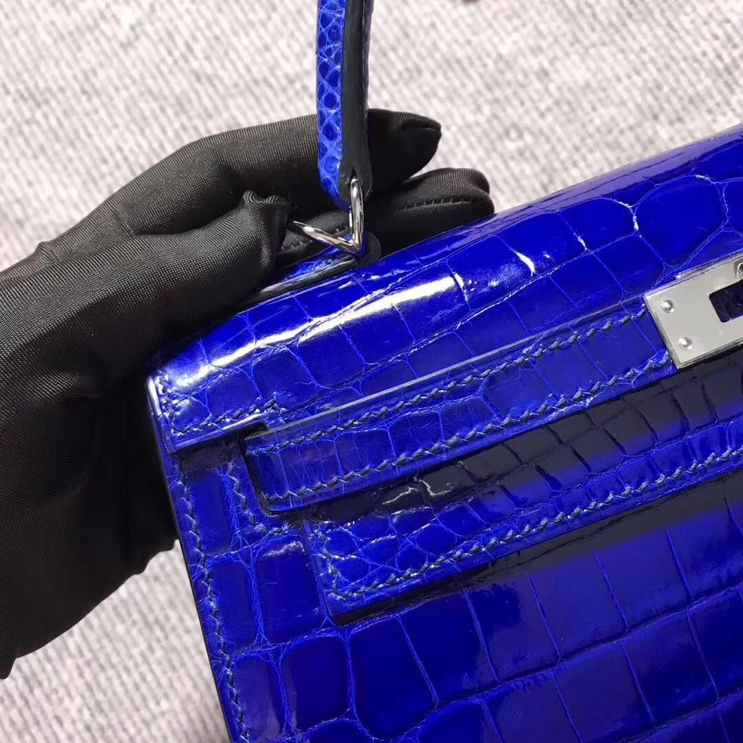 Noble Hermes Blue Electric Shiny Crocodile Leather Kelly Bag25CM Silver Hardware