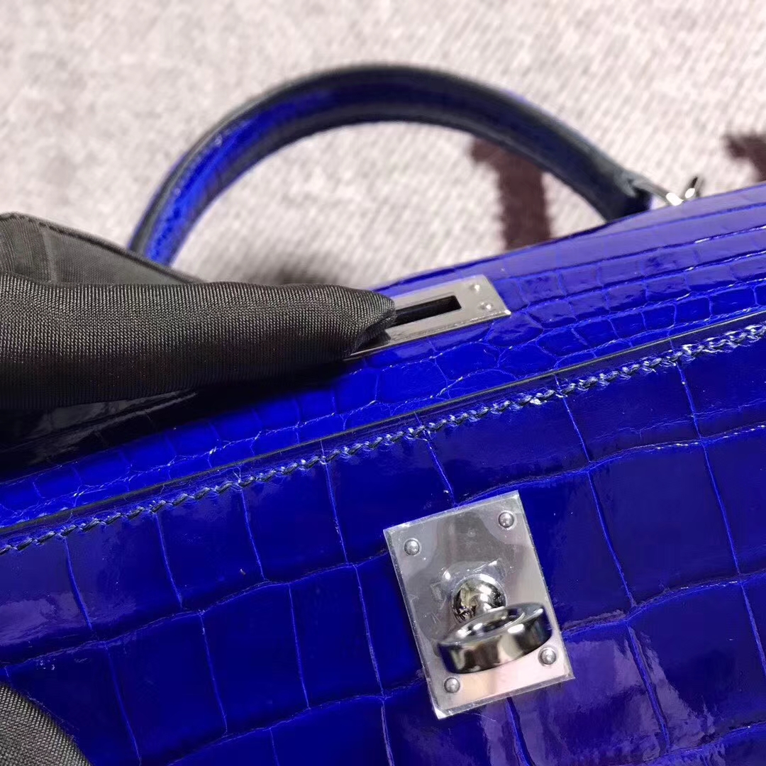 Noble Hermes Blue Electric Shiny Crocodile Leather Kelly Bag25CM Silver Hardware