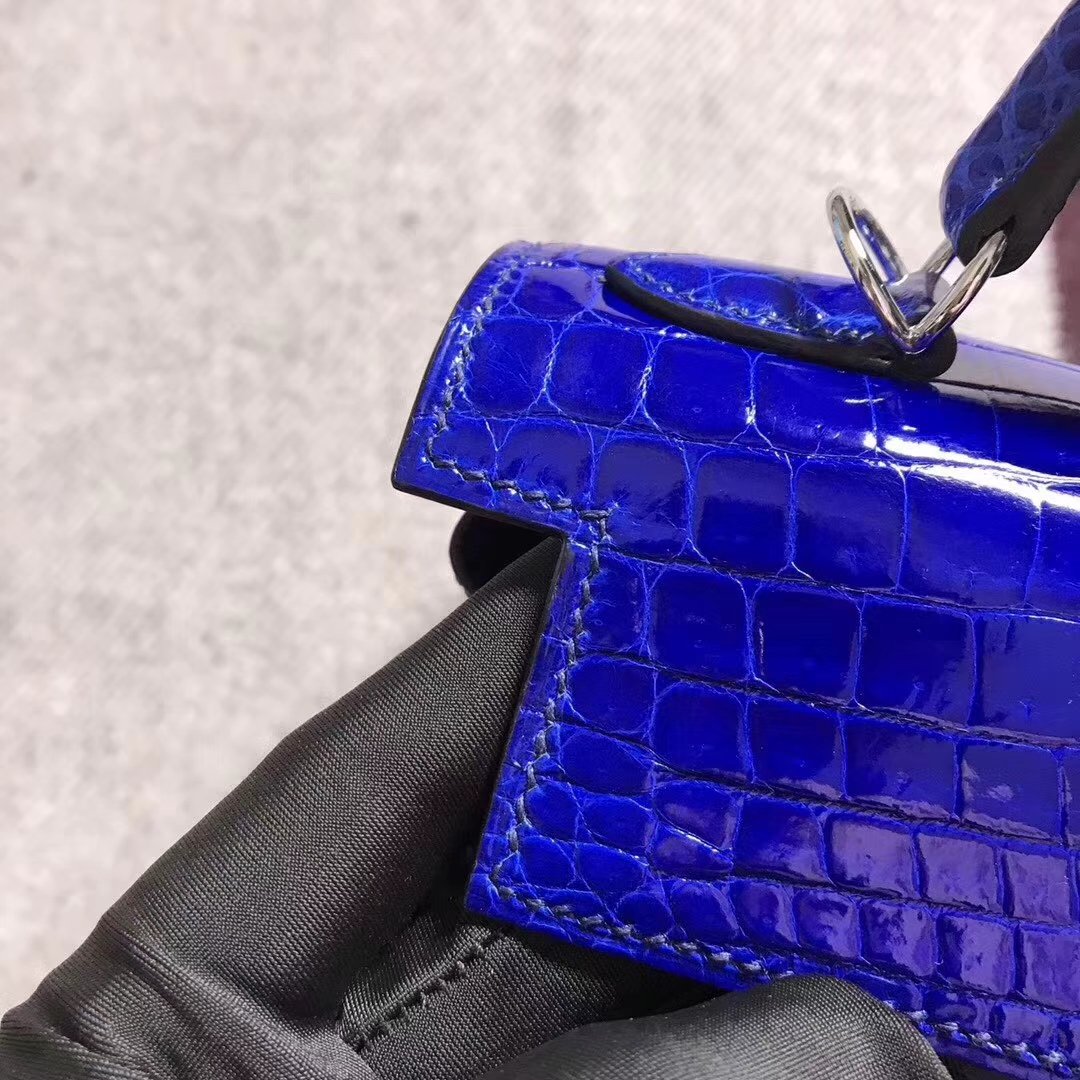 Noble Hermes Blue Electric Shiny Crocodile Leather Kelly Bag25CM Silver Hardware