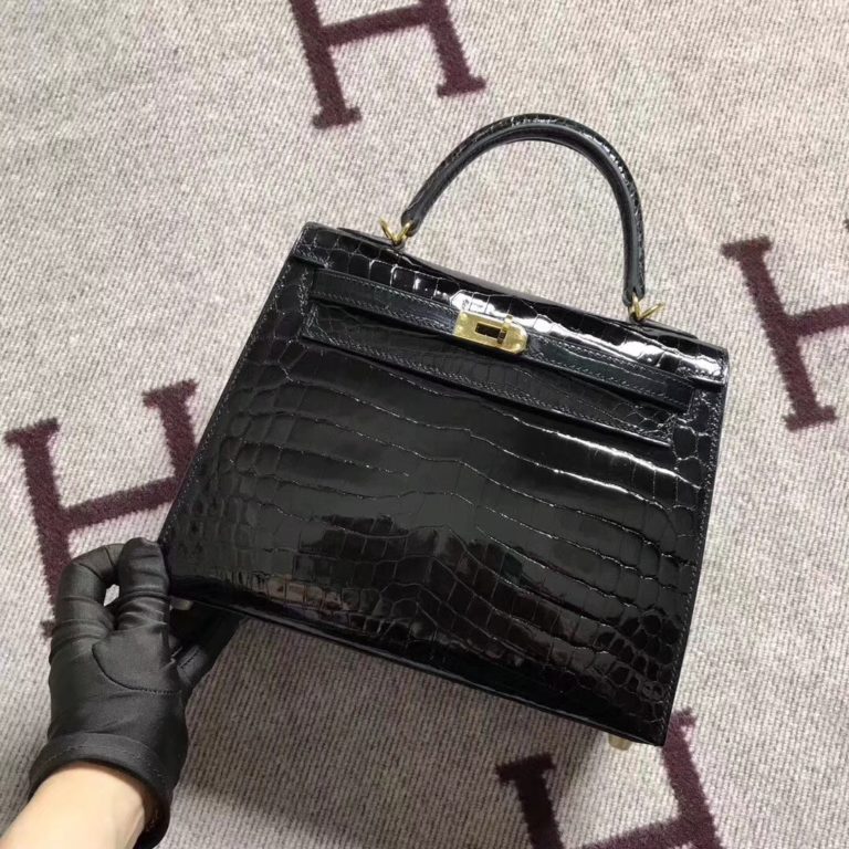 Hermes Black Shiny Crocodile Leather Kelly 25CM Bag Gold Hardware