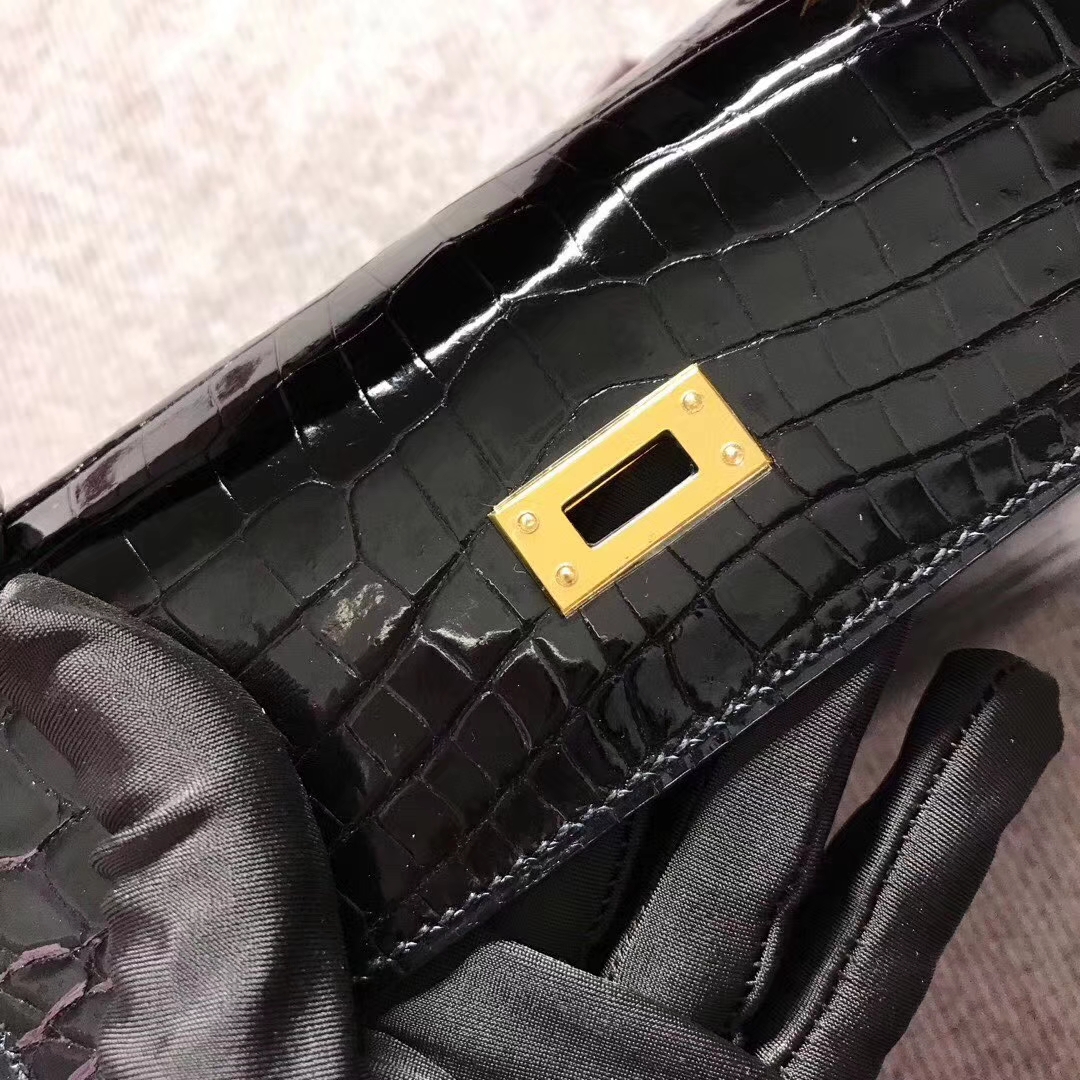 Discount Hermes Black Shiny Crocodile Leather Kelly25CM Bag Gold Hardware
