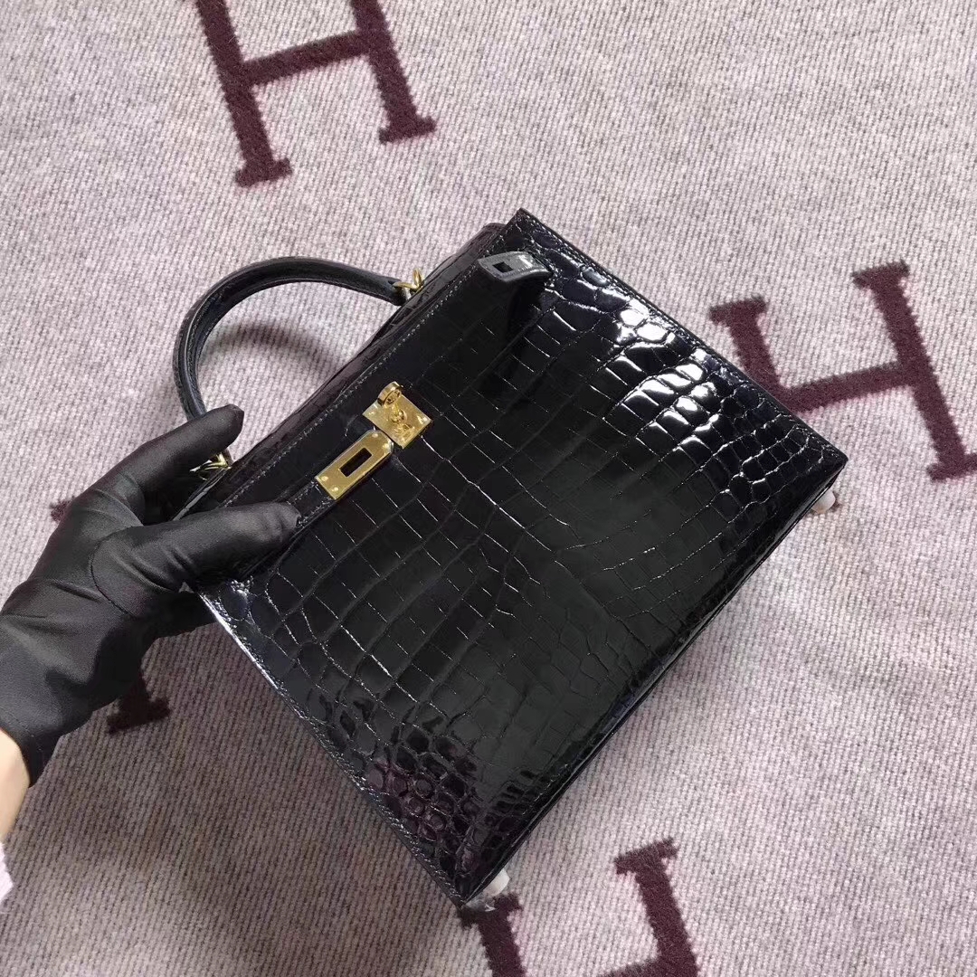 Discount Hermes Black Shiny Crocodile Leather Kelly25CM Bag Gold Hardware