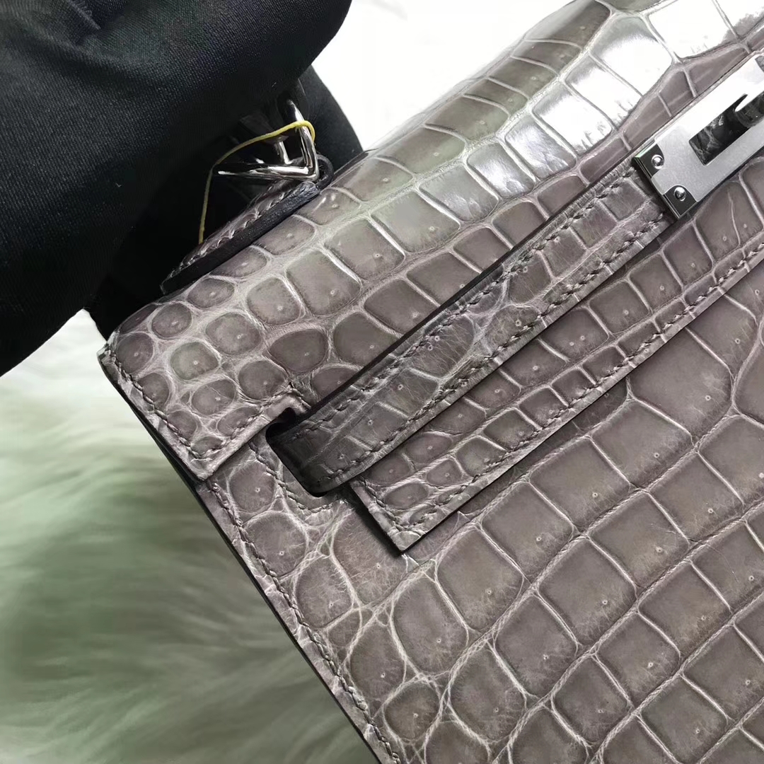 Luxury Hermes C81 Gris Tourterelle Shiny Crocodile Leather Kelly25CM Bag Silver Hardware
